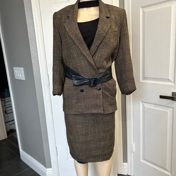 Vintage 80s Leana Winston Skirt Suit Set Brown Tweed Blazer & Skirt Size 8 - Picture 2 of 9